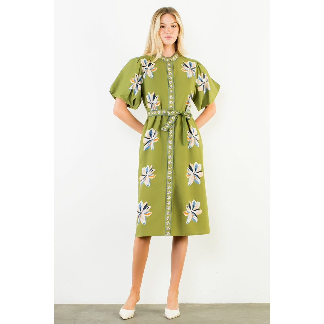 THML Midi Dress Green / XS Bella Tie Waist Floral Midi Dress