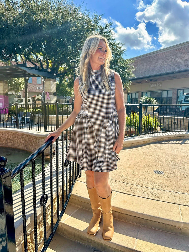 THML Mabel Gingham Short Midi Dress featuring a fitted bodice and flared skirt in classic gingham pattern.