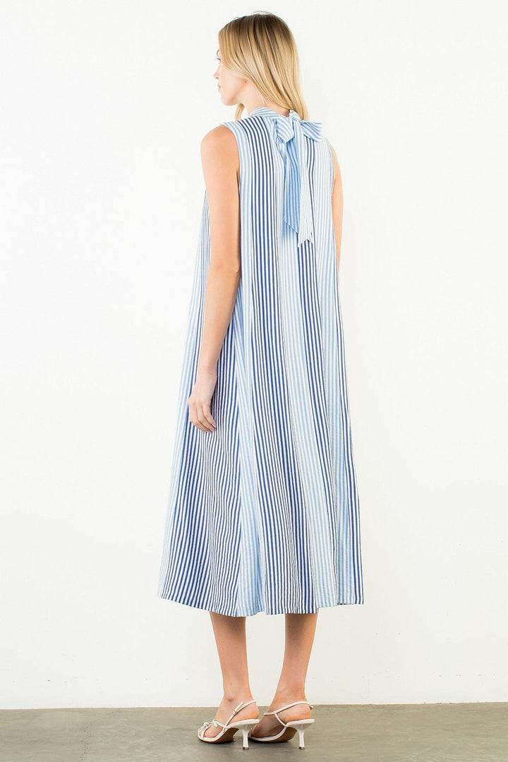 THML Raya striped pattern midi dress featuring a stylish design and vibrant colors, perfect for casual or semi-formal occasions.