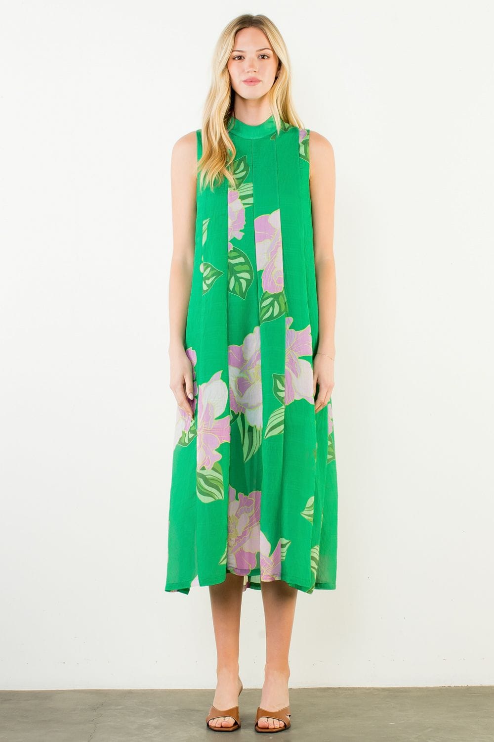 THML Sylvie Floral Back Tie Midi Dress showing a flowy midi dress with a floral pattern and back tie detail