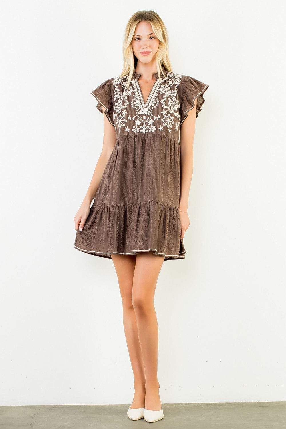 THML Mini Dress Brown / XS Amira Emroidered Mini Dress