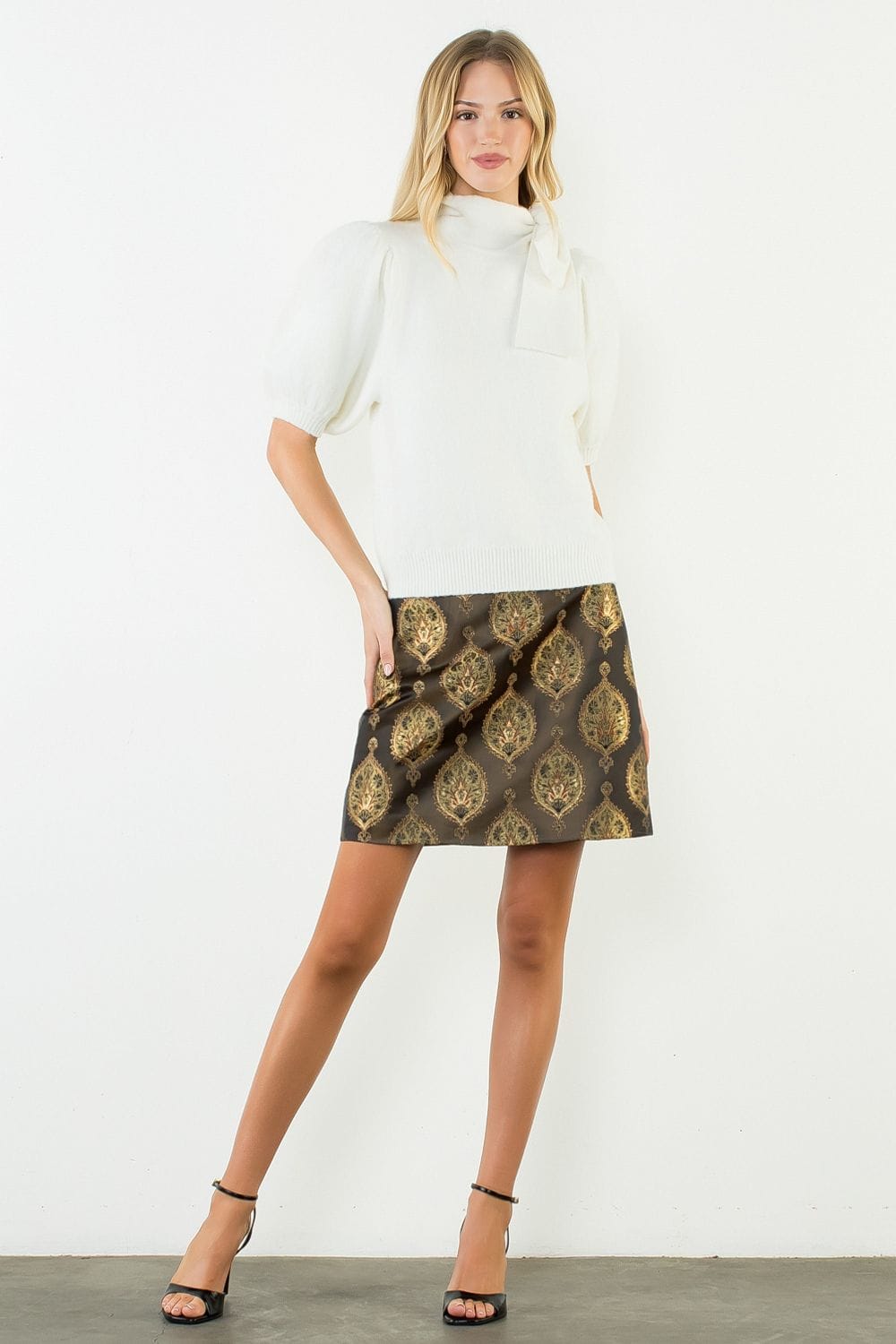 THML Lillie Pattern shiny mini skirt with a glossy finish and patterned design