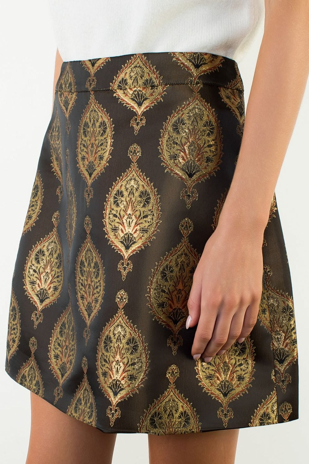 THML Lillie Pattern shiny olive mini skirt with an eye-catching patterned design