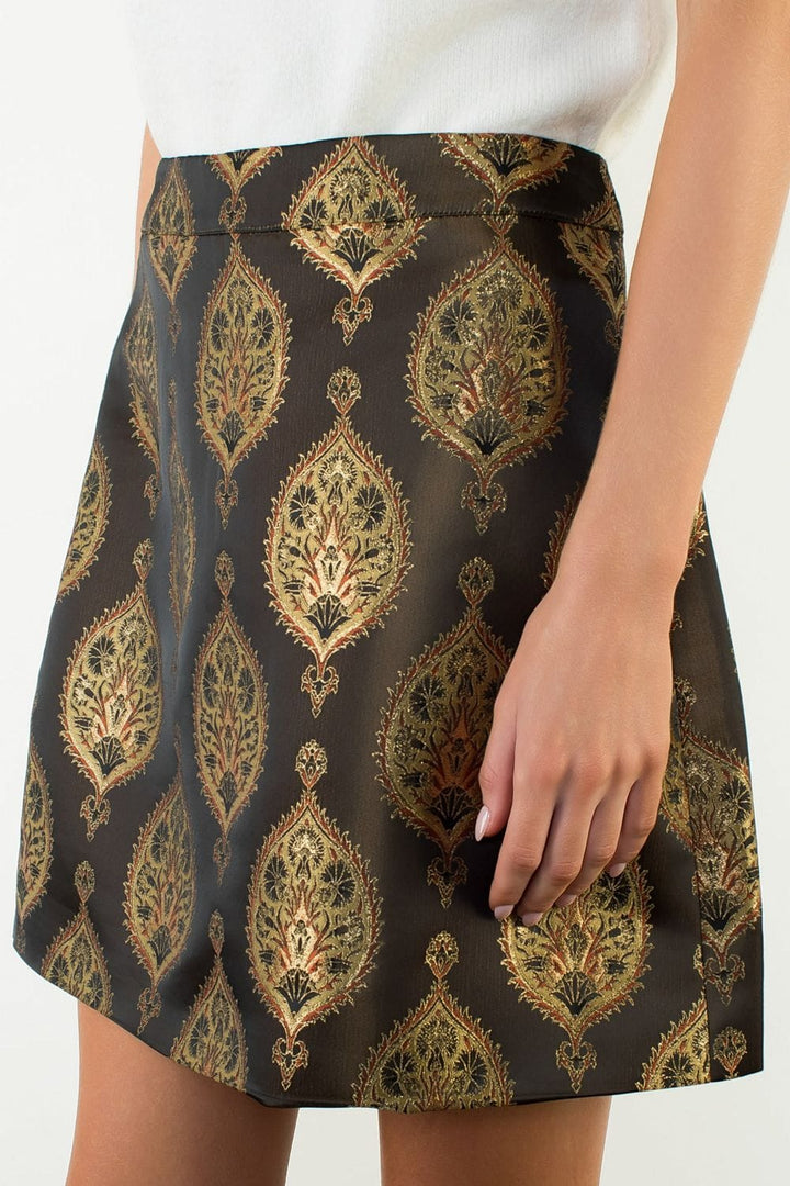 THML Lillie Pattern shiny olive mini skirt with an eye-catching patterned design