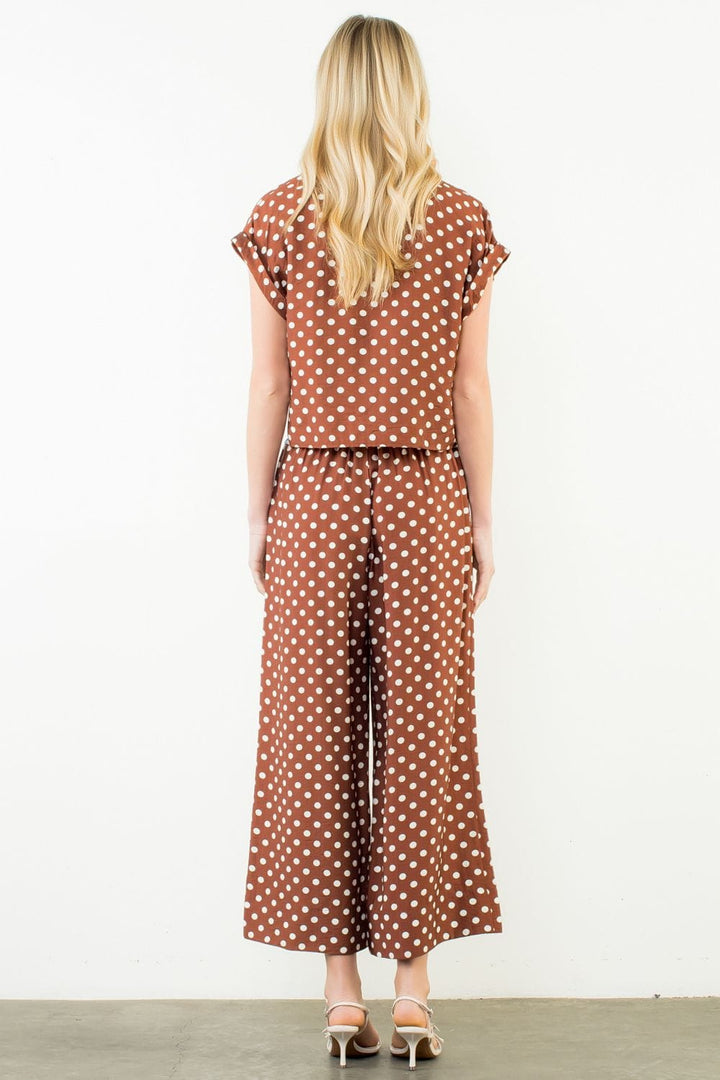 THML Sara Polka Dot Wide Leg Pants featuring a relaxed fit and stylish polka dot pattern for casual and chic looks.