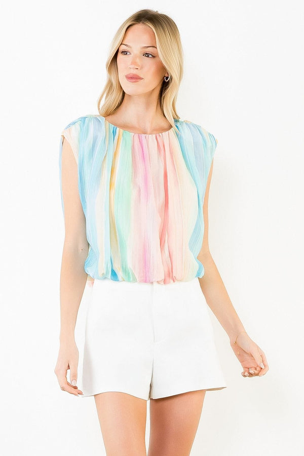 Aqua multicolor pleated top by THML featuring a flowy design and lightweight fabric, perfect for casual or dressy occasions.