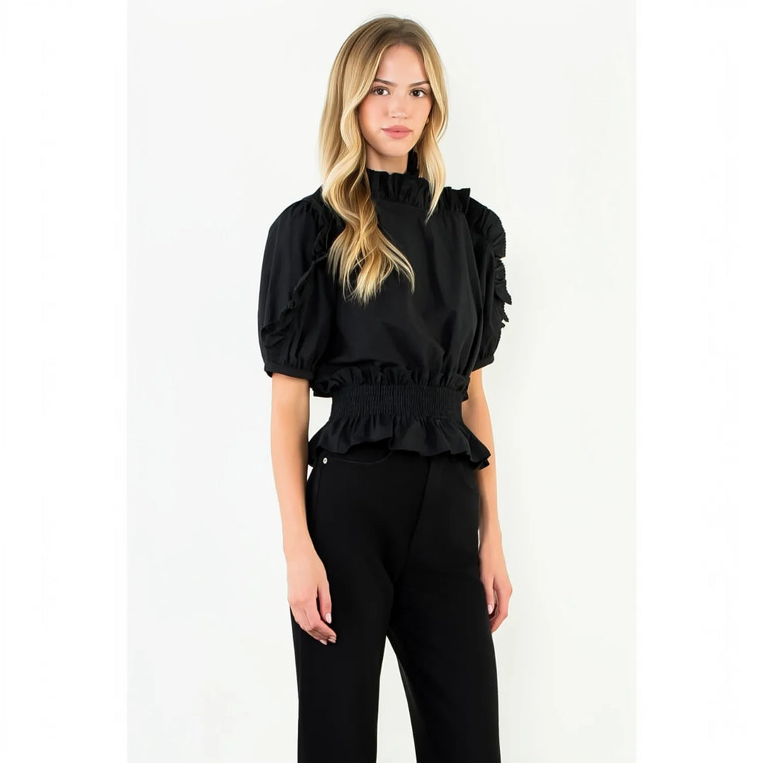 THML Jenna Ruffled Detail Top in black, featuring feminine ruffle detailing