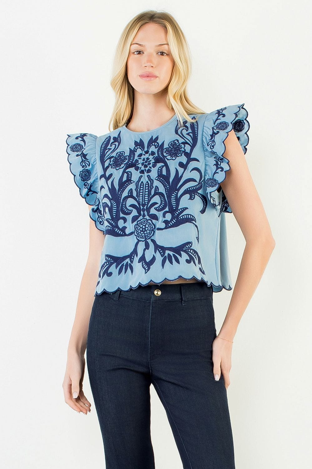 Bella Embroidery Top – Teal Poppy