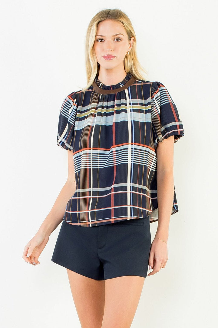 THML Top Blue / XS Elena Ruffled Neck Stripe Top