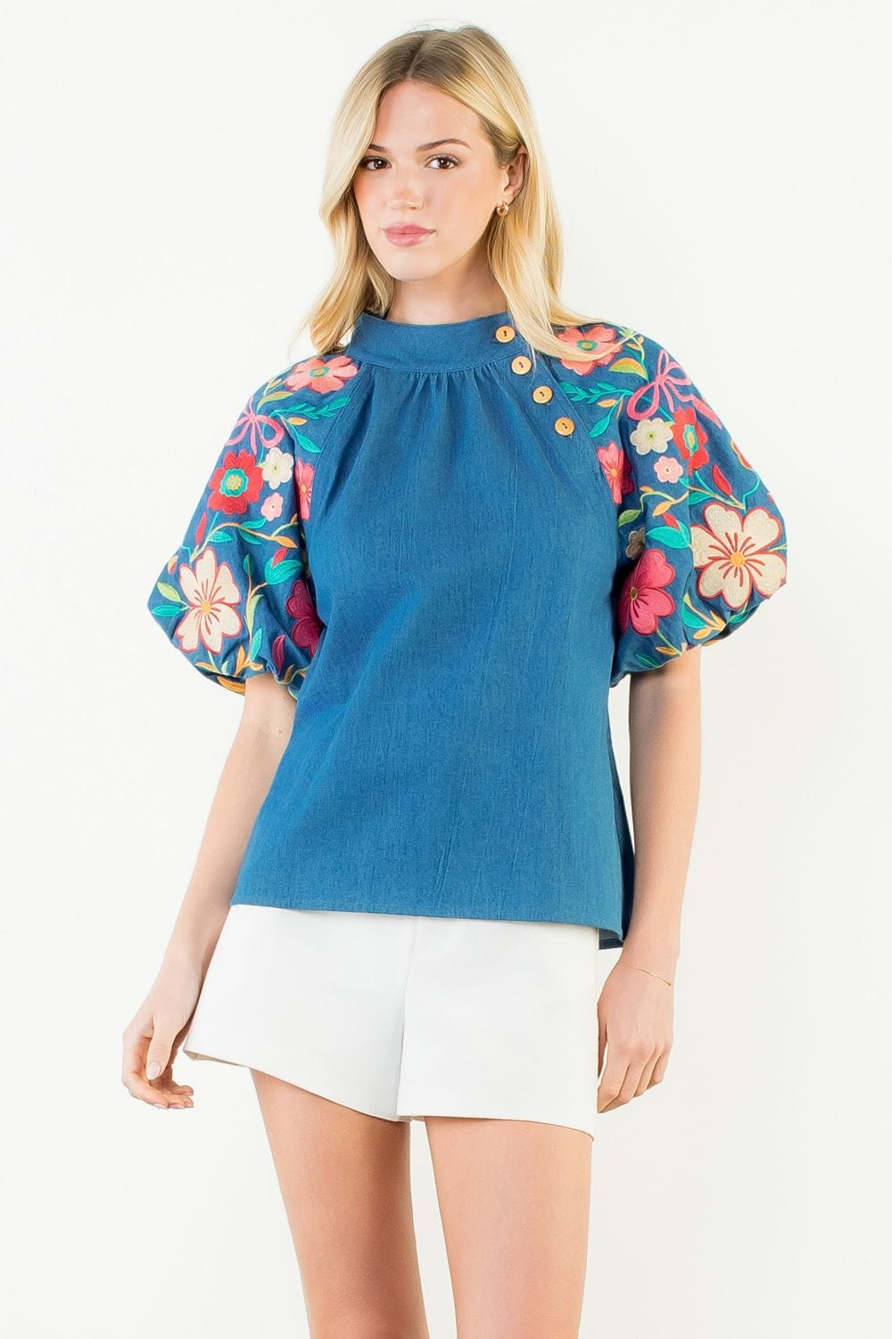 THML Top Blue / XS Josie Button Puff Sleeve Top