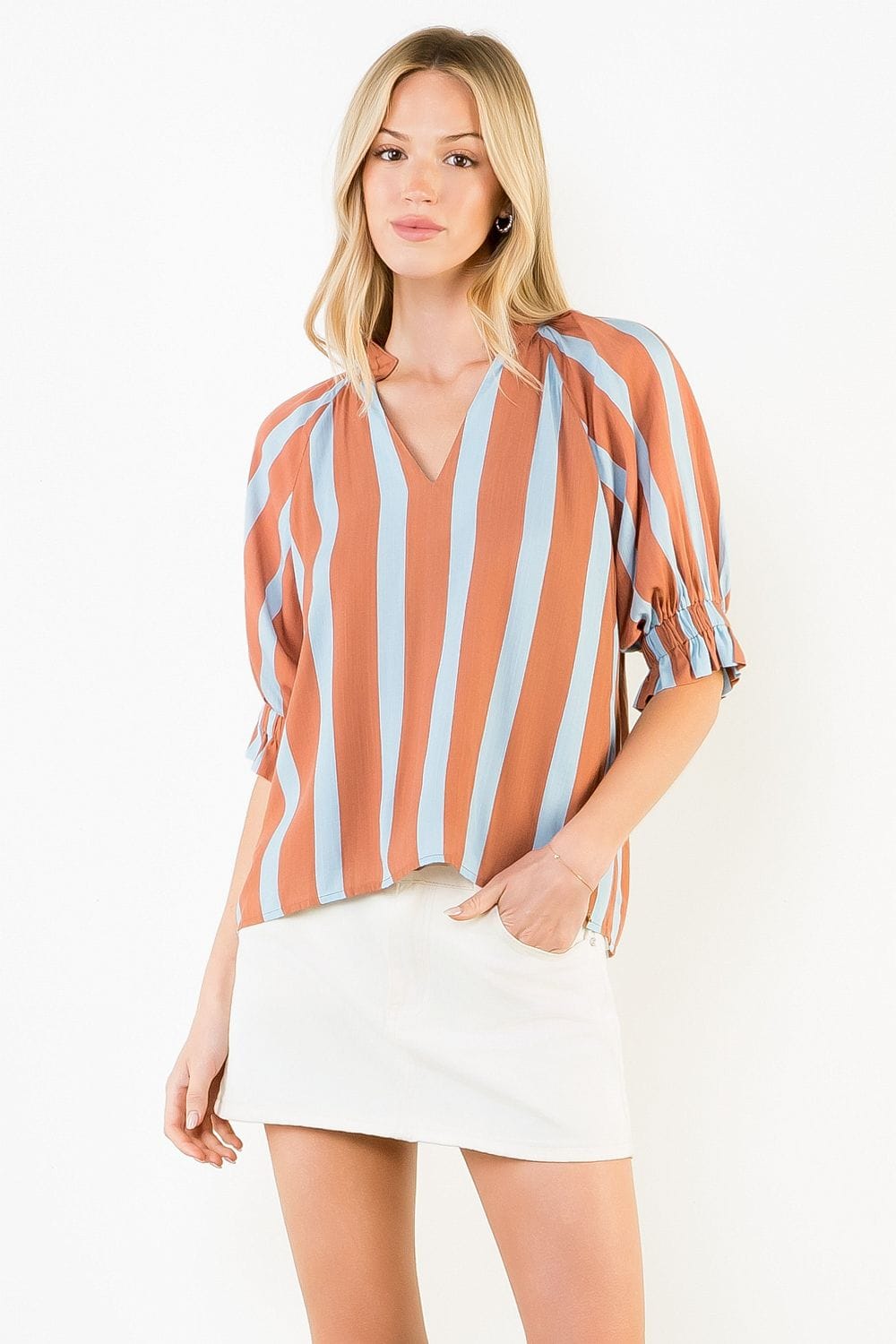 Brown Melany striped V-neck top by THML, featuring a fitted casual style with horizontal stripe pattern and short sleeves.