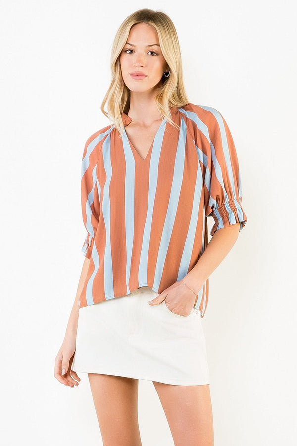 Brown Melany striped V-neck top by THML, featuring a fitted casual style with horizontal stripe pattern and short sleeves.