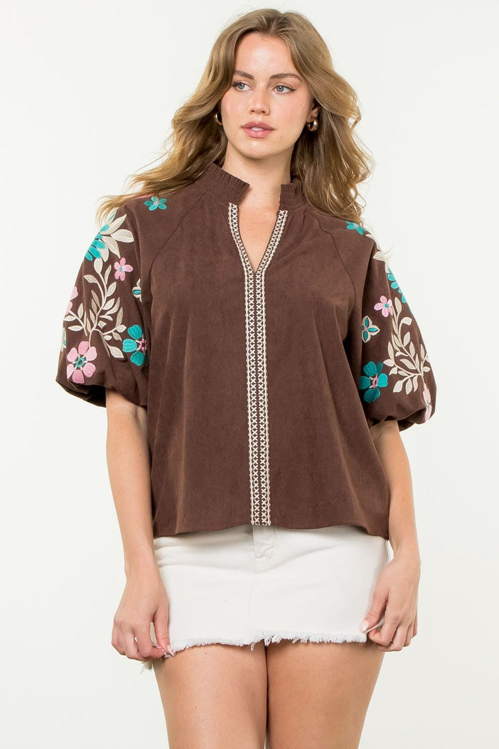 THML Top Brown / XS Sutton Embroidered Top