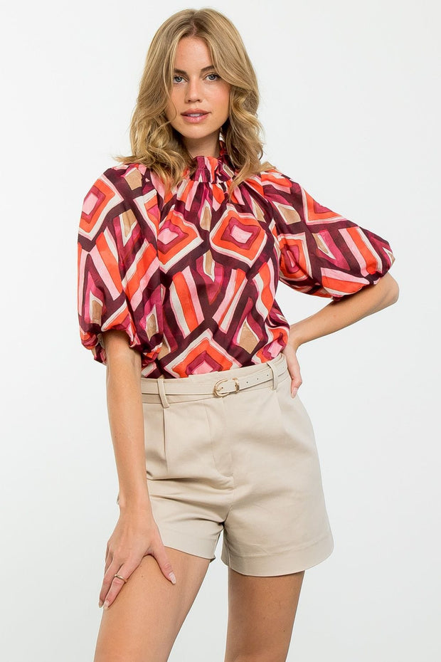 THML Top Colette Puff Sleeve Multi Color Pattern Top