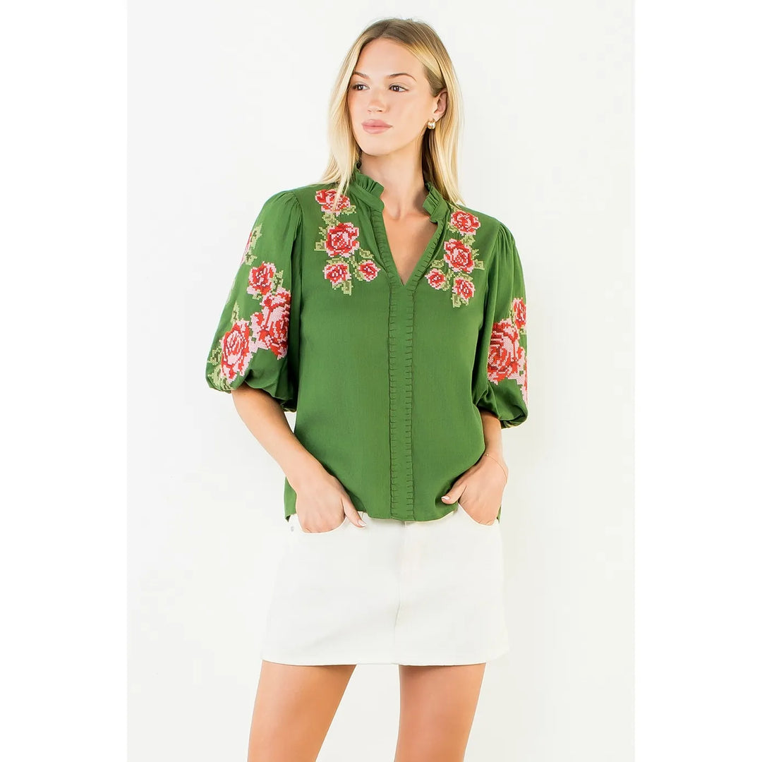 THML Top Green / XS Callie Floral Embroidery Top