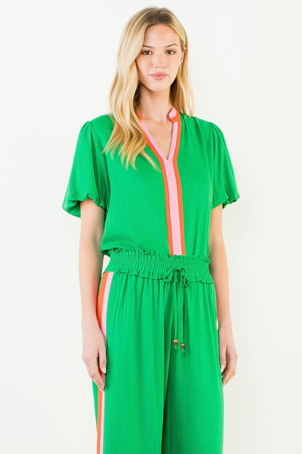 Green Kayla Puff Sleeve V-Neck Top by THML, featuring a flattering V-neck and stylish puff sleeves, shown on a white background.