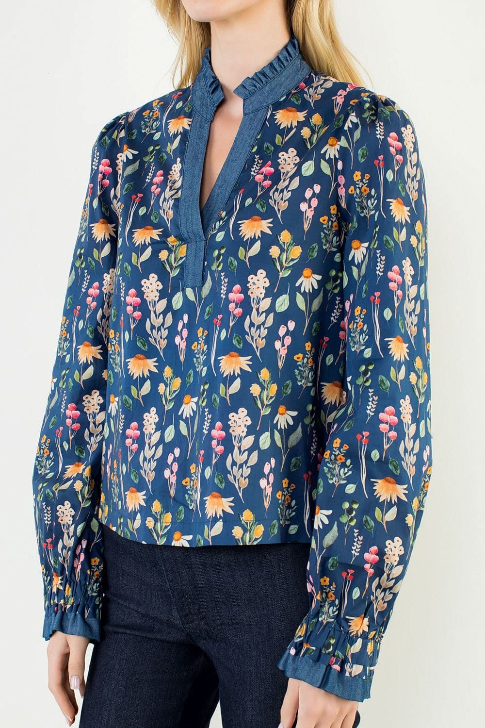 THML Top Hallie Floral Denim Top