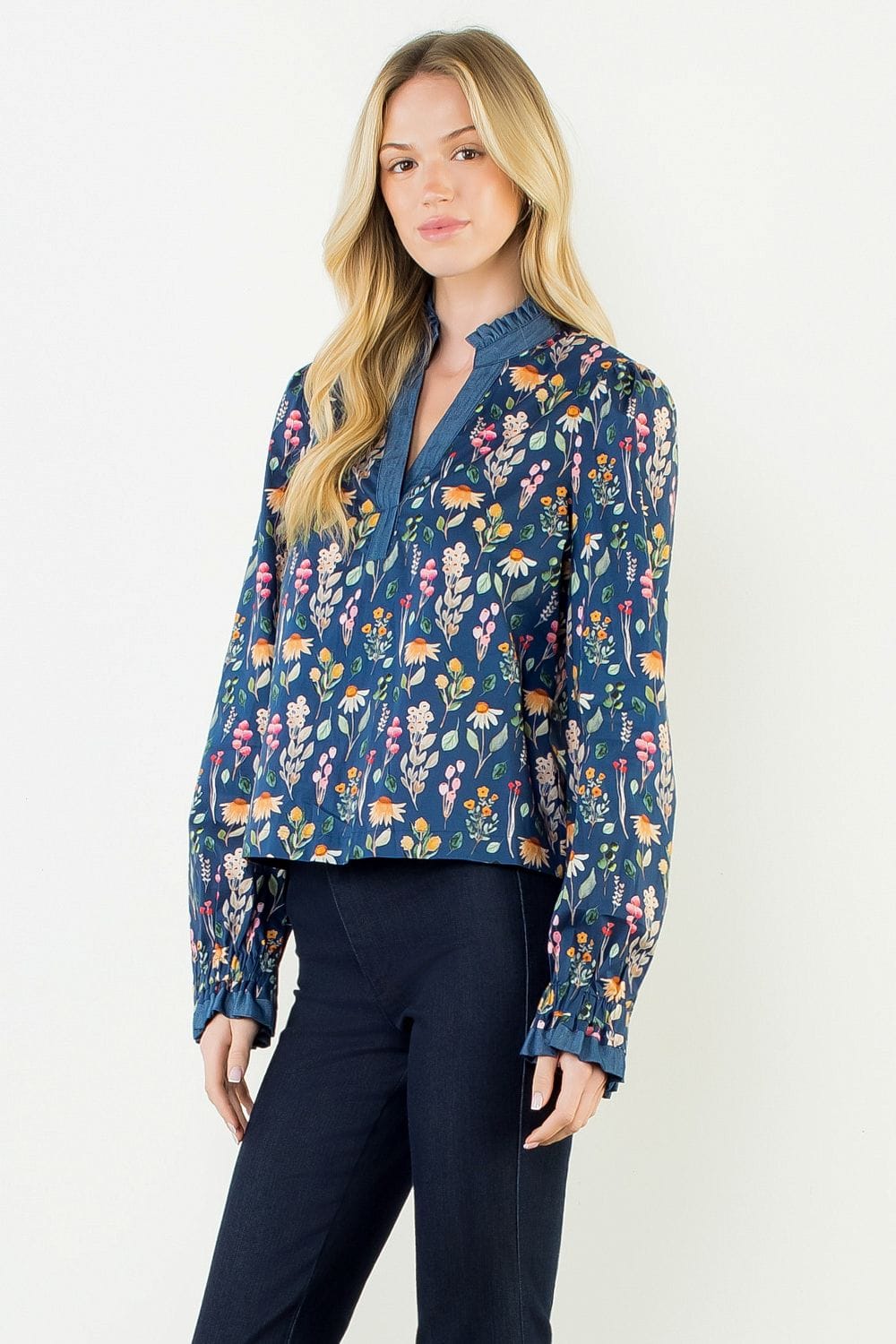THML Top Hallie Floral Denim Top