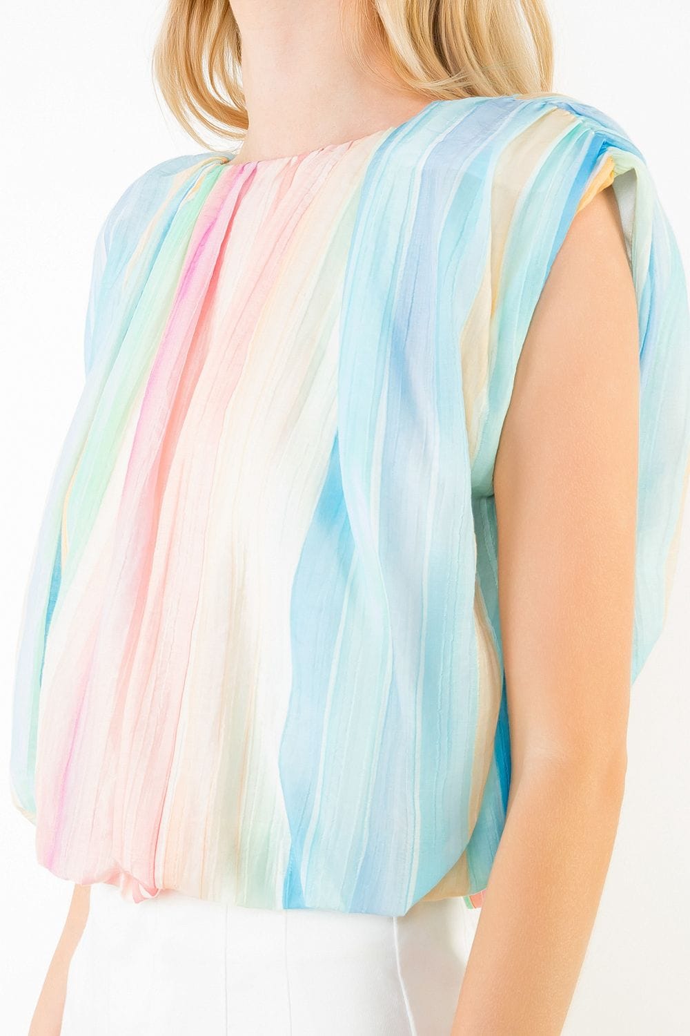 Multicolor pleated top by THML featuring a flowy, lightweight design and vibrant vertical stripes.