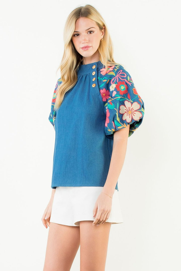 THML Top Josie Button Puff Sleeve Top