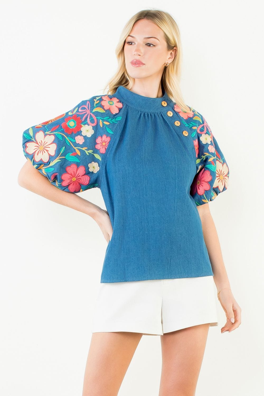 THML Top Josie Button Puff Sleeve Top