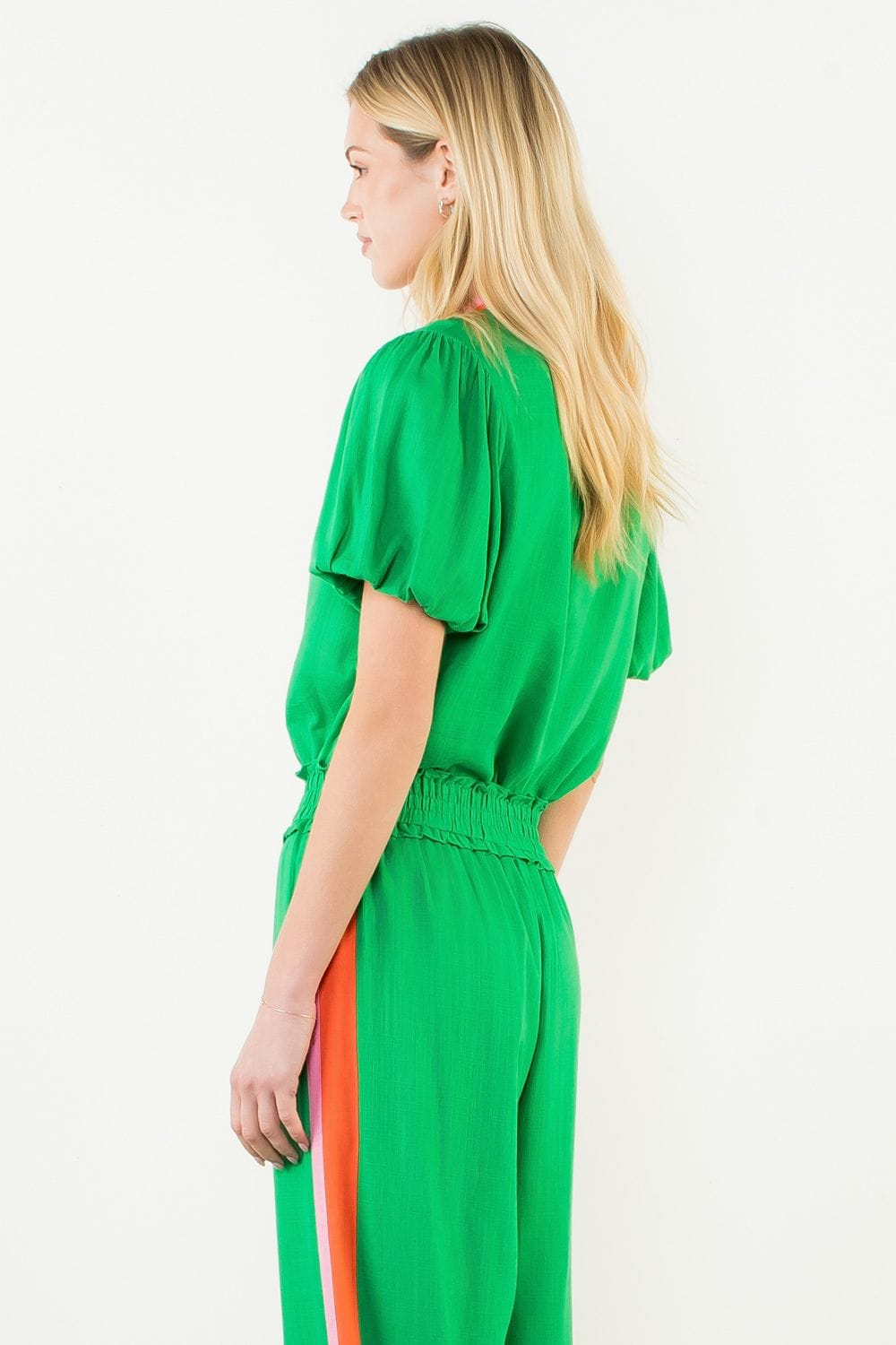 THML Kayla Puff Sleeve V-Neck Top showing a stylish, lightweight top with puffed sleeves and a V-neck design.