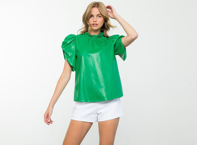 THML Top Kelly Green / XS Lyna Ruched Sleeve Leather Top