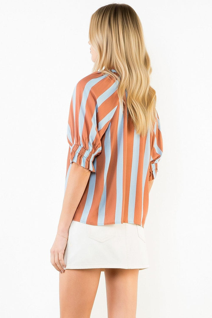 THML Melany striped V-neck top, lightweight fabric with navy and white horizontal stripes, stylish casual women&