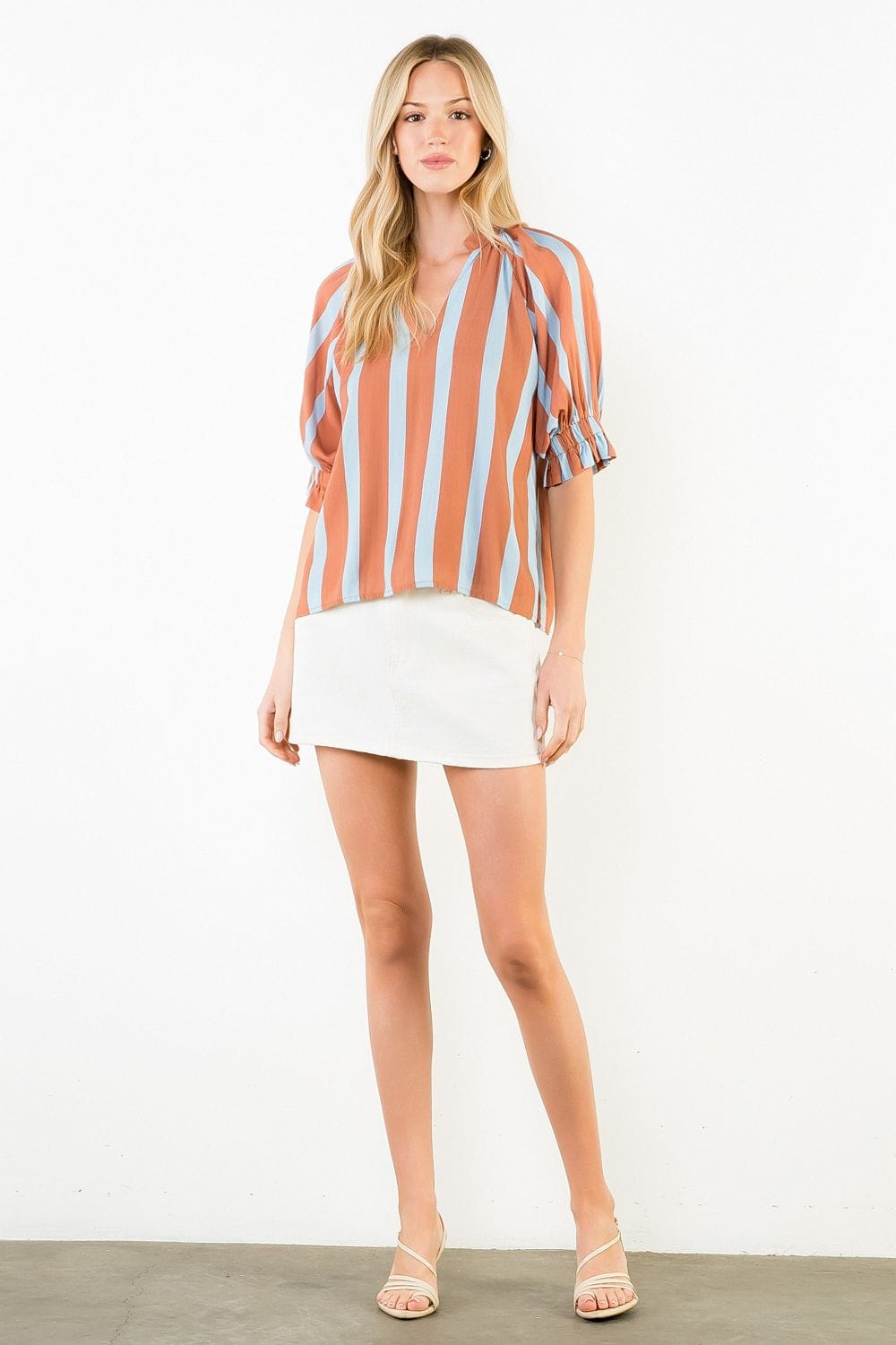 Striped Melany V-Neck Top by THML, lightweight casual top featuring a v-neck and long sleeves, perfect for everyday wear.