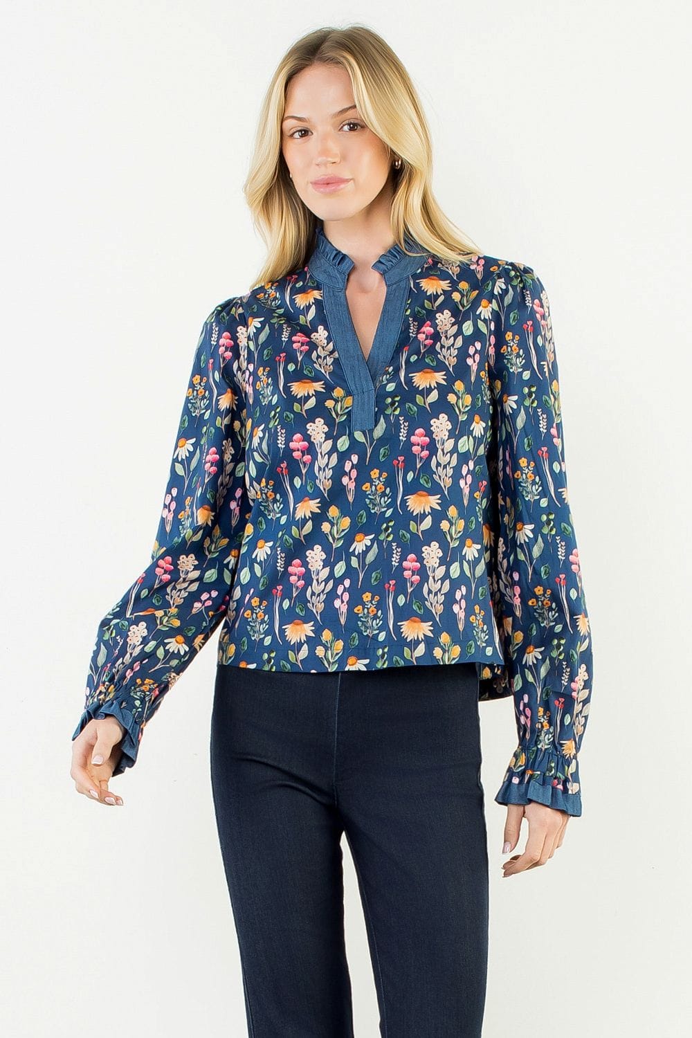 THML Top Navy / XS Hallie Floral Denim Top