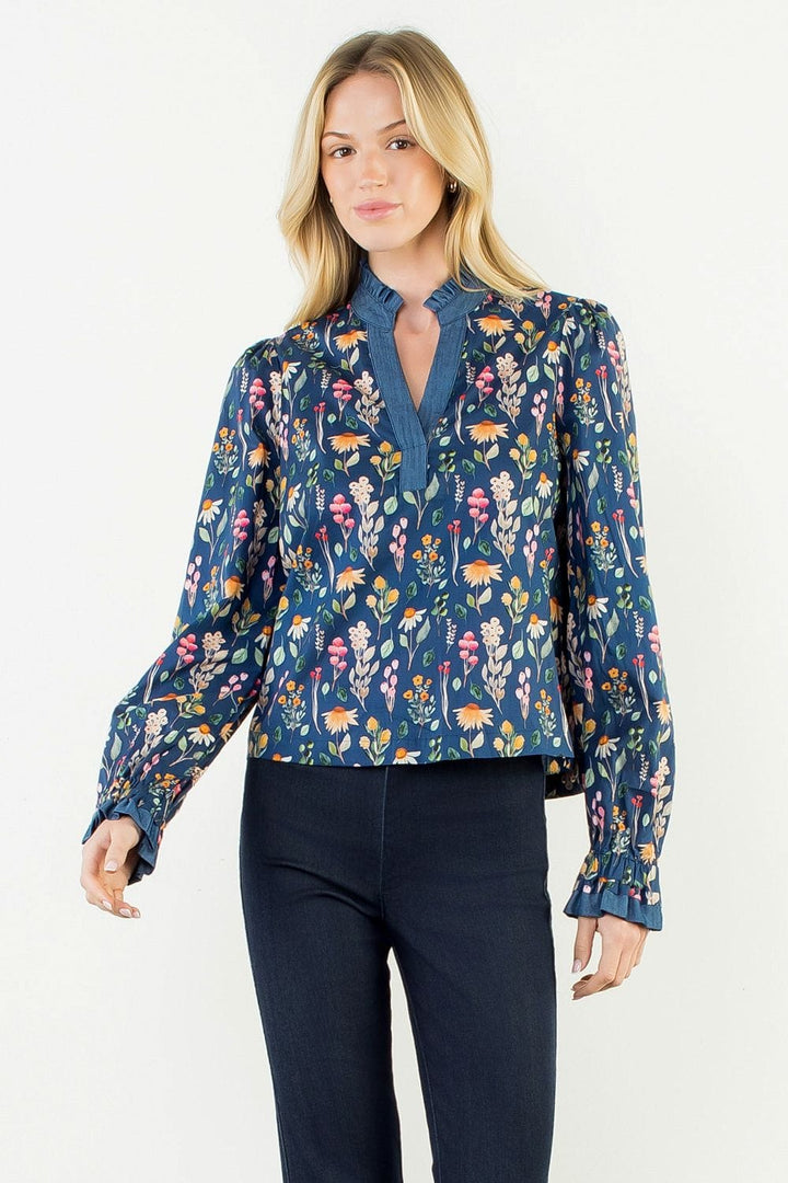 THML Top Navy / XS Hallie Floral Denim Top