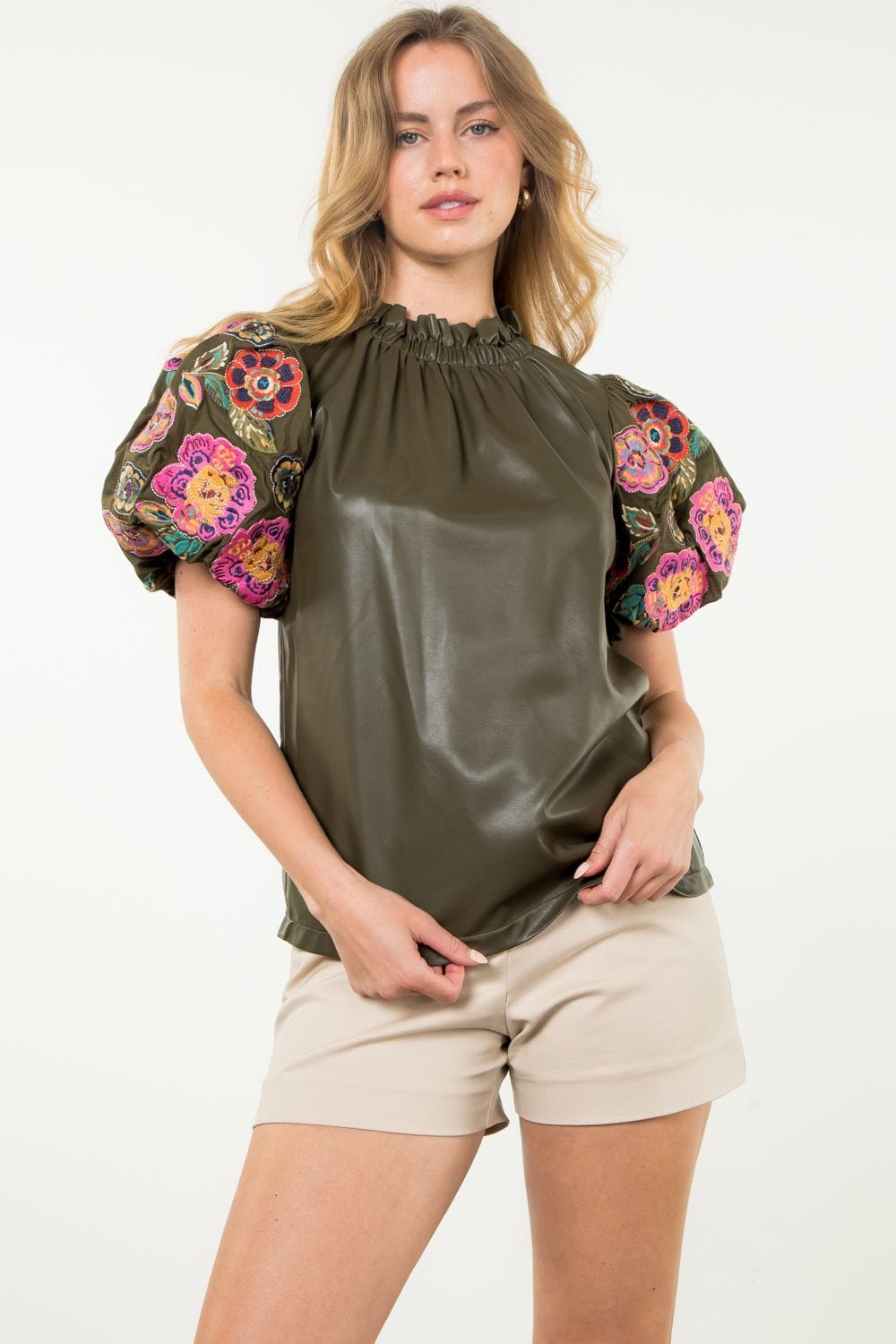 THML Top Olive / XS Mabel Embroidered Leather Top