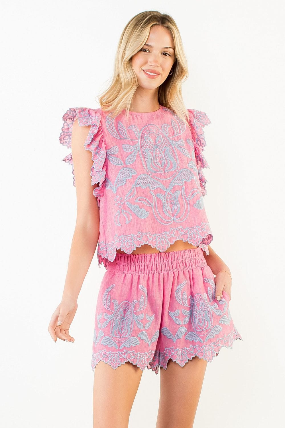 Pink Danna embroidery top by THML, lightweight women's blouse with intricate floral embroidery and a relaxed fit.