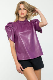 THML Top Purple / XS Lyna Ruched Sleeve Leather Top