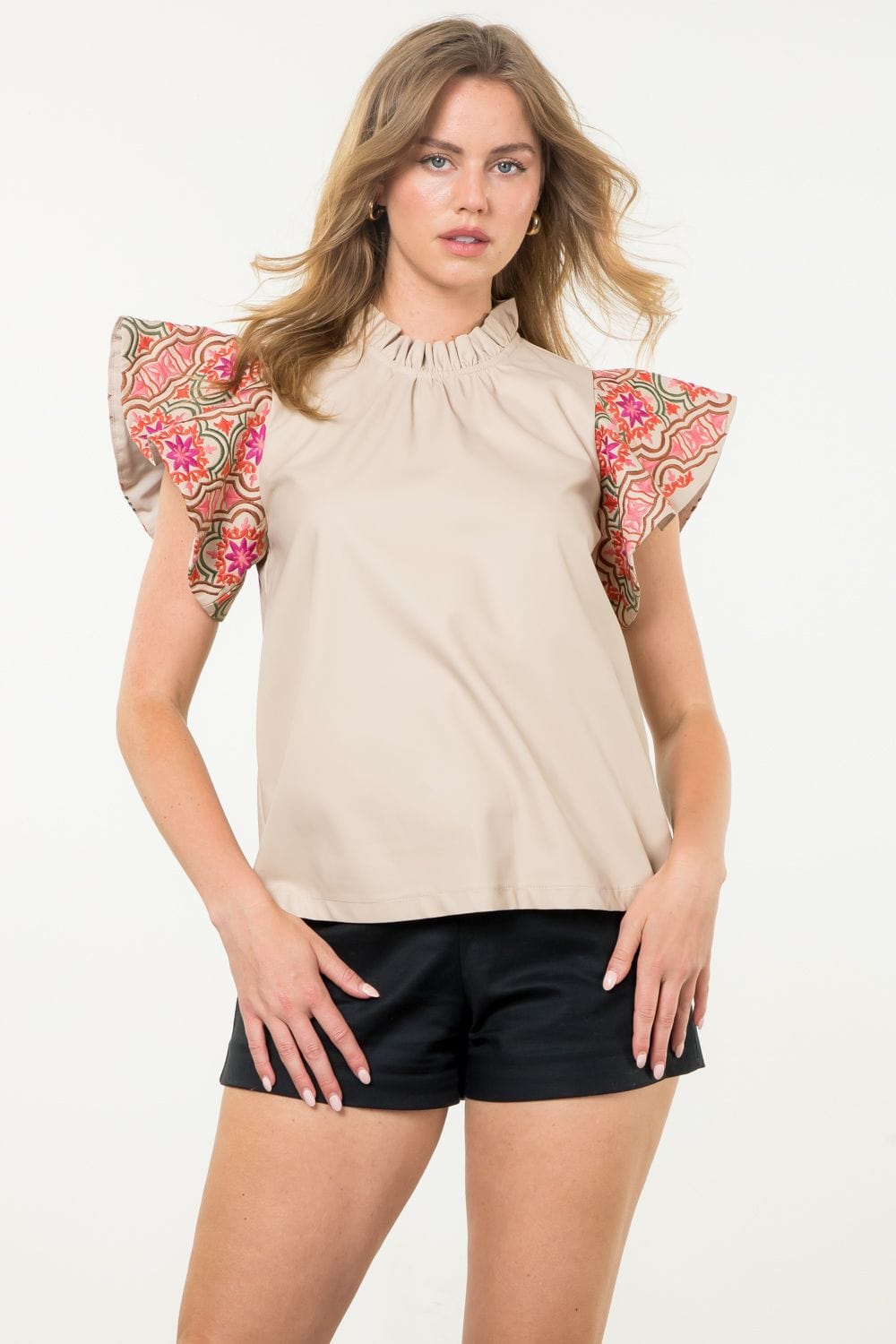 THML Top Taupe / XS Journee Embroidered Leather Top