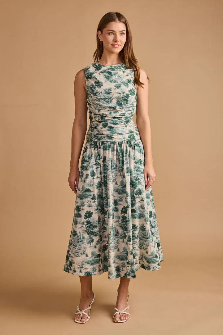 Thomas &amp; Lourdes Agatha Maxi Dress in French Toile fabric, lightweight and elegant, shown in XS size with intricate pattern detail.
