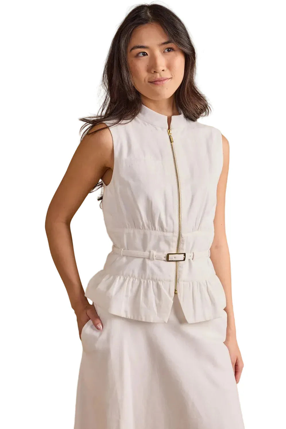 Thomas &amp; Lourdes Lior Vest, stylish sleeveless vest with textured fabric and front pockets, on a neutral background.