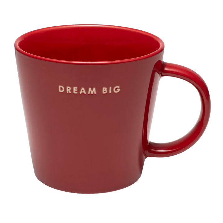 Large red Vondels XL ceramic mug with "Dream Big" slogan, 500ml capacity, perfect for hot beverages.