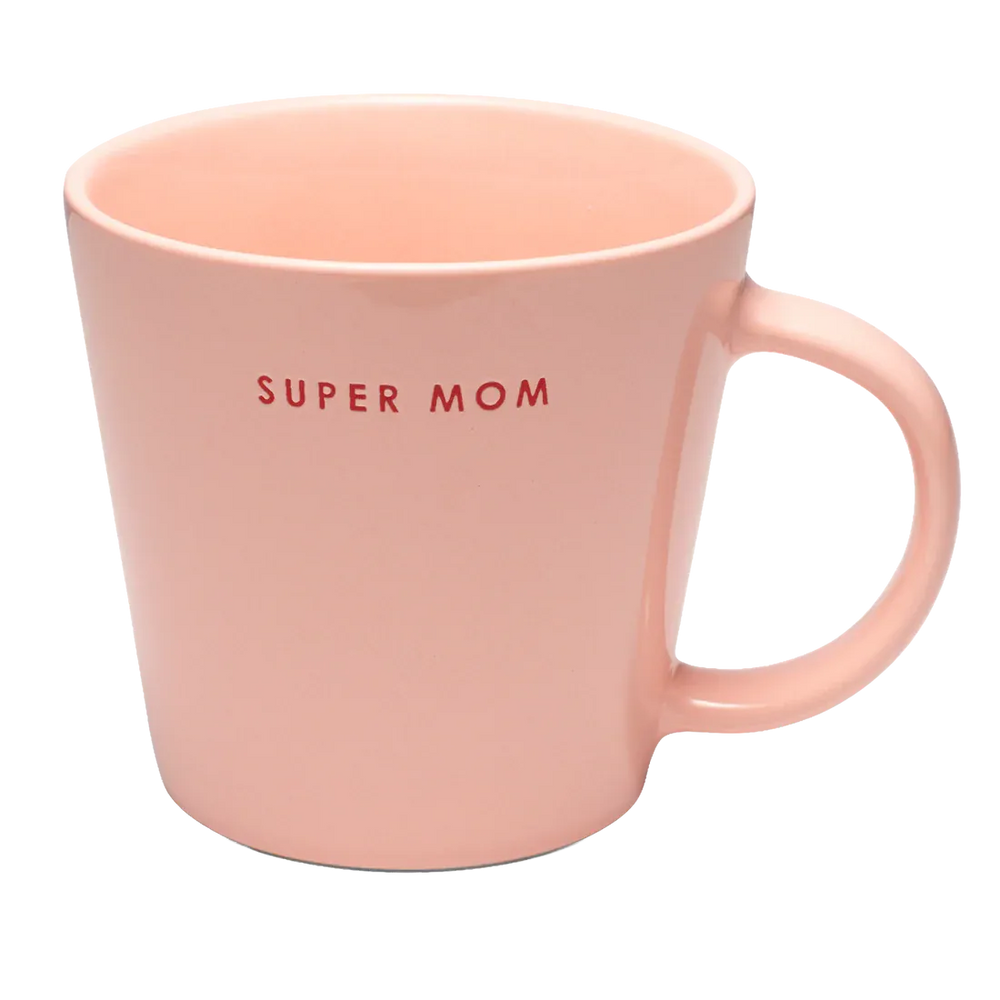 Pink XL ceramic mug by Vondels, 500ml drinkware featuring a "Super Mom" design and large comfortable handle.