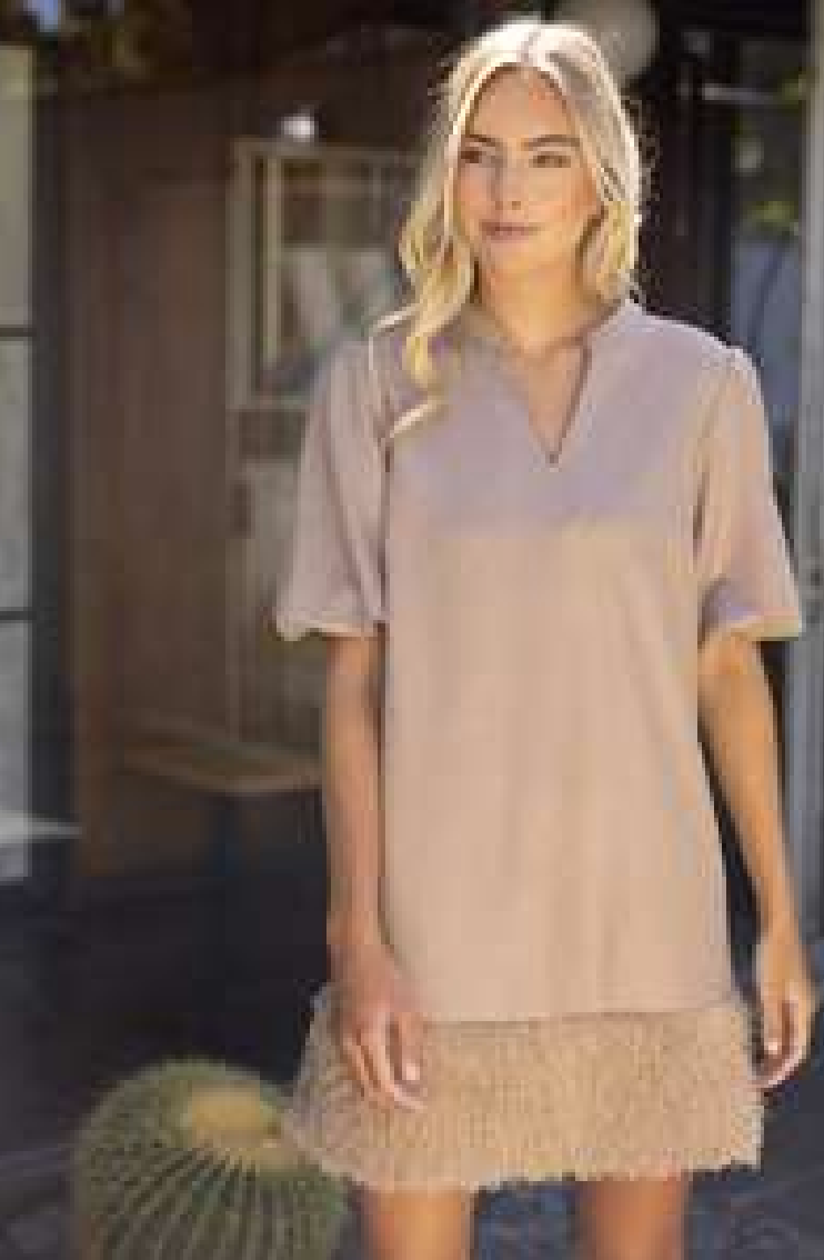 Voy Mini Dress Tan / S Callie Metallic Feather Trim Dress