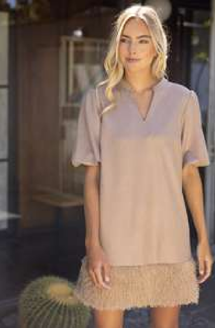 Voy Mini Dress Tan / S Callie Metallic Feather Trim Dress