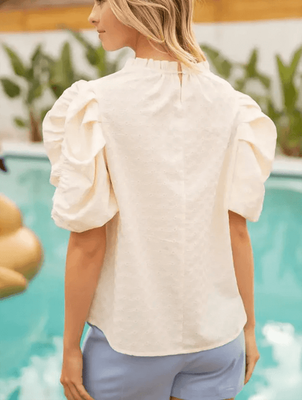 Voy Top Bubble Puff Sleeve Embroidered Top