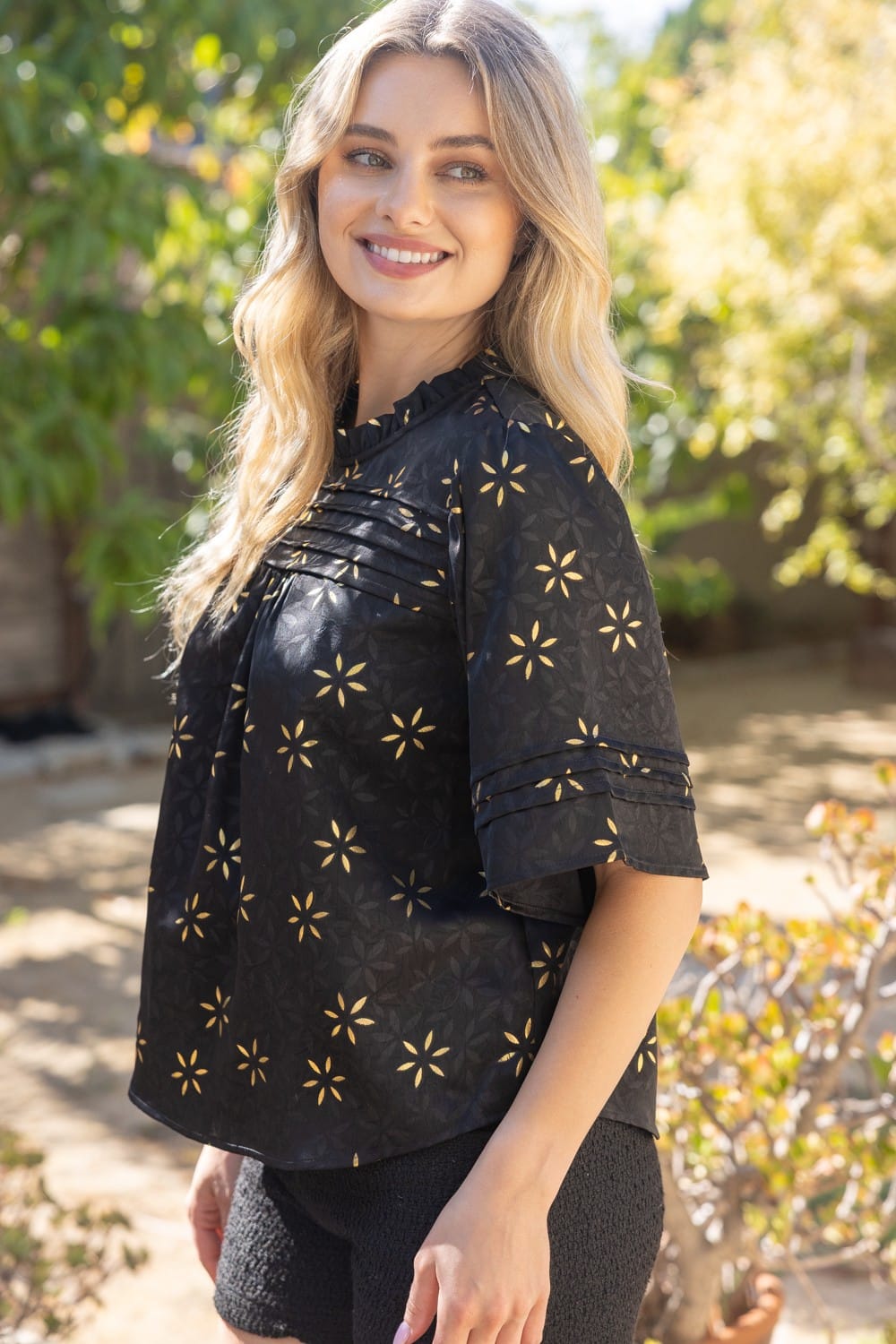 Voy Emely metallic floral top with shimmering floral pattern and short sleeves