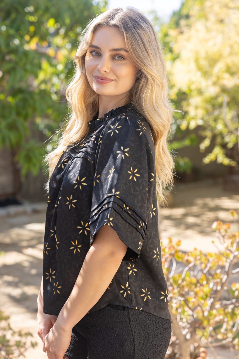 Voy Emely metallic floral top with shimmering floral pattern and short sleeves