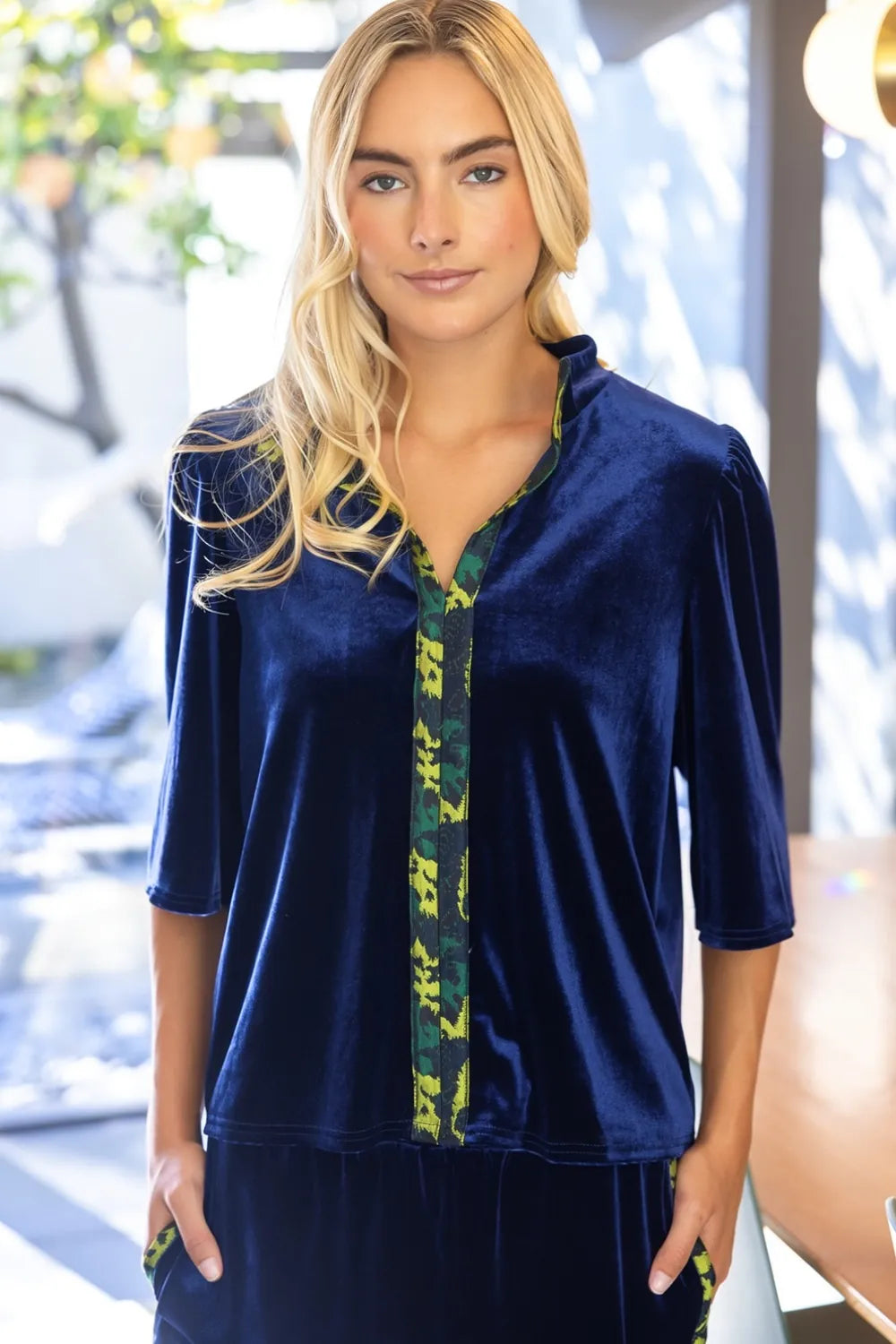 Voy Yara Contrast Top in navy, short-sleeve design with contrasting trim