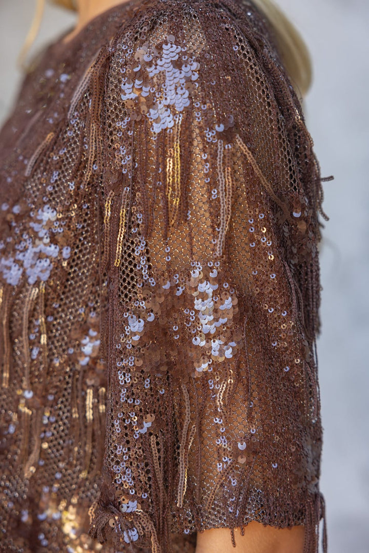 Voy Skye metallic sequin top with shimmering finish and short sleeves