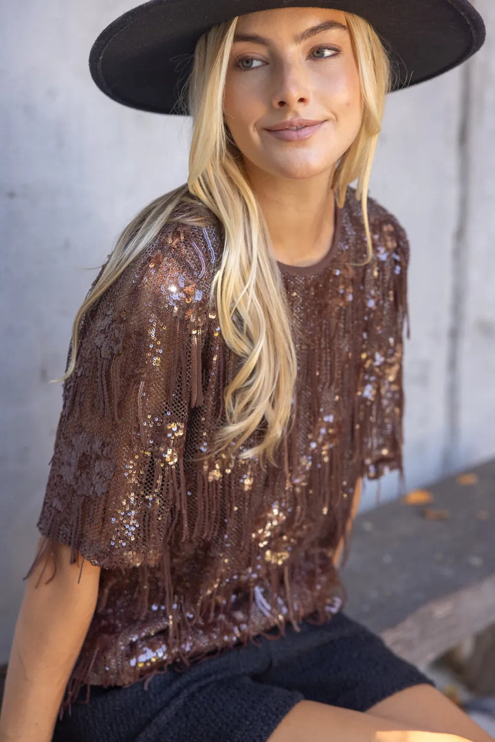 Voy Skye metallic sequin top with shimmering sequins and short sleeves