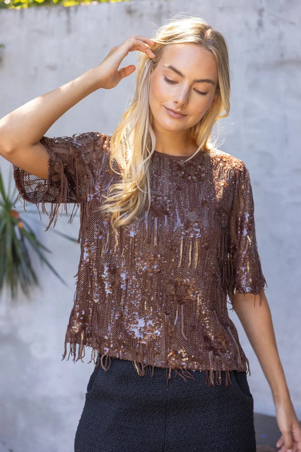 Voy Skye metallic sequin top with shimmering fabric and a stylish fitted silhouette