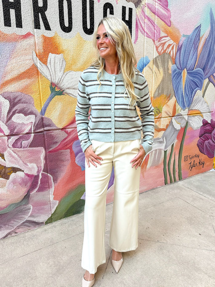 Z Supply Medina Cozy Stripe Cardigan with soft knit fabric and colorful stripe pattern, long sleeves, and relaxed fit.