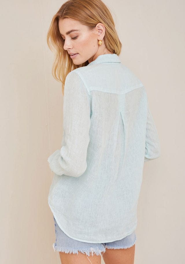 Bella Dahl pocket button-down top, long-sleeve casual shirt with front chest pocket, lightweight fabric, in neutral color.